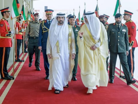 Sheikh Hamdan bin Mohammed bin Rashid Al Maktoum, Crown Prince of Dubai, Deputy Prime Minister, and Minister of Defence of the UAE, welcomed by Sheikh Fahad Yusuf Al Sabah, Kuwait’s First Deputy Prime Minister, Minister of Defence, and Minister of Interior, upon his arrival in Kuwait on Tuesday
