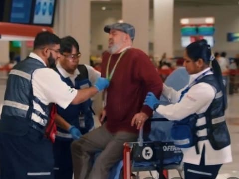 Dubai Airports staff quick to help an elderly man on to a wheelchair during his passage through DXB. 