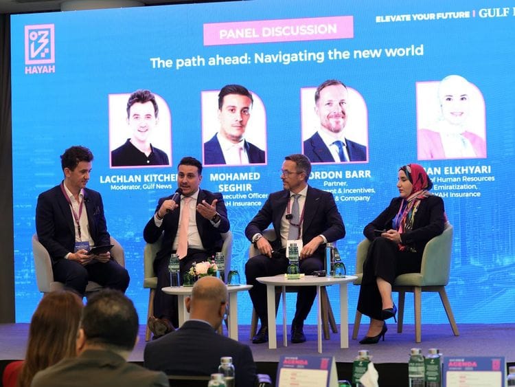 From left: Lachlan Kitchen, Moderator; Mohamed Seghir, CEO of HAYAH Insurance; Gordon Barr, Partner, Employment & Incentives at Al Tamimi & Company; and Iman Elkhyari, Head of Human Resources & Emiratisation at HAYAH Insurance during the panel discussions on The Path Ahead - Navigating the New World