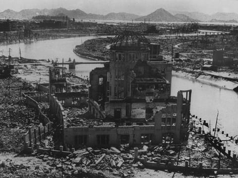 A photo dated September 1945 of the remains of the Prefectural Industry Promotion Building after the nuclear bombing of Hiroshima, Japan. The Nobel Peace Prize was on October 11, 2024 awarded to the Japanese anti-nuclear group Nihon Hidankyo, a grassroots movement of atomic bomb survivors from Hiroshima and Nagasaki, also known as Hibakusha. 