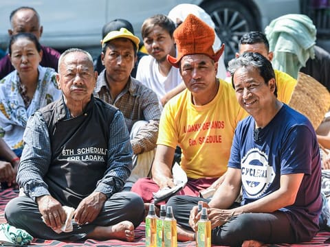 Activist Sonam Wangchuk (in blue T shirt) with supporters continue their indefinite fast demanding the inclusion of Ladakh in the Sixth Schedule