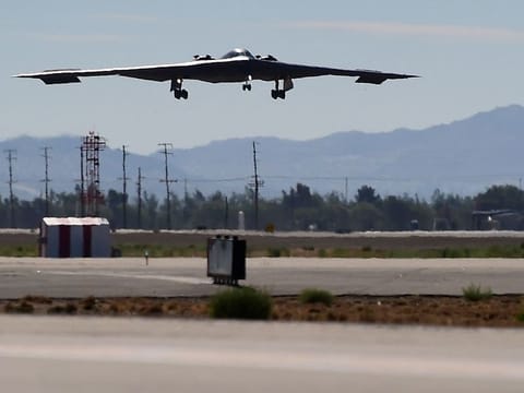 A B-2 Stealth Bomber comes in for a landing at the Palmdale Aircraft Integration Centre of Excellence in Palmdale, California on July 17, 2014, as the US Air Force and manufacturer Northrop Grumman celebrated the 25th anniversary of the B-2 Stealth Bomber's first flight. The United States on October 16, 2024 conducted multiple B-2 bomber strikes on weapon storage facilities in areas of Yemen controlled by the Iran-backed Huthi rebels, according to the US military and defense department. 