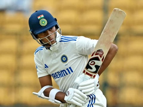 India’s Yashasvi Jaiswal plays a shot during the second day of the first cricket Test against New Zealand at the M. Chinnaswamy Stadium in Bengaluru on October 17, 2024. India slumped to 46 in the first innings.
