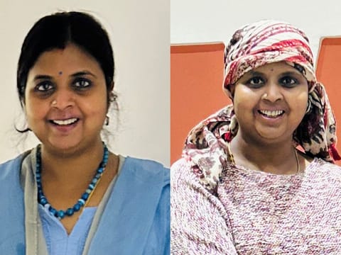 Renuka Parameswar Sharma before the cancer diagnosis and after losing hair due to chemotherapy. 