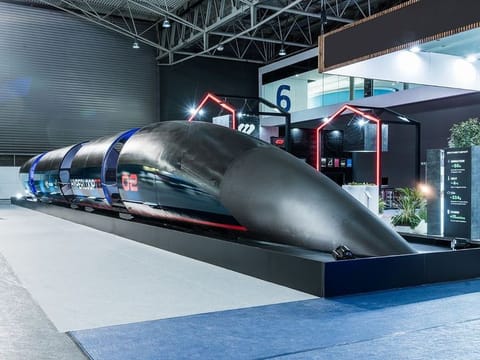 A full-scale capsule fuselage of the Hyperloop TT at the Mobile World Congress in Barcelona.
