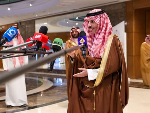 Saudi Foreign Minister Prince Faisal bin Farhan speaks to journalists before the start of the 'International Alliance to Implement the Two-State Solution' meeting in Riyadh on October 30, 2024.  