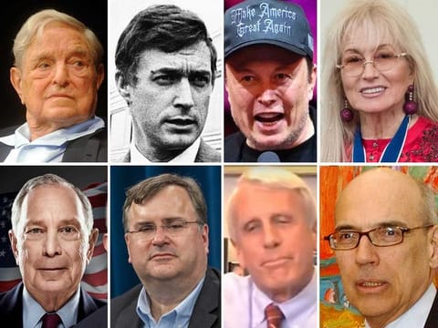 Titans of American wealth rally behind their chosen candidates, shaping the race (clockwise from top left): George Soros, Timothy Mellon, Elon Musk, Miriam Adelson, Fred Eychaner, Richard Uihlein, Reid Hoffman, and Michael Bloomberg. 