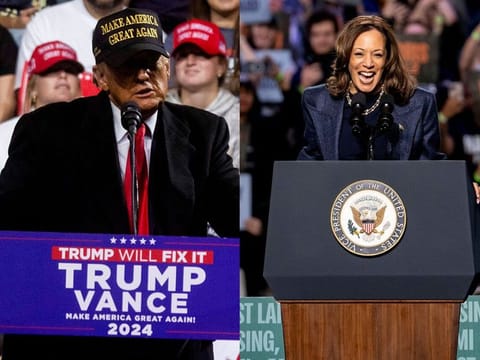 Former US President and Republican presidential candidate Donald Trump (left) at a campaign rally at Atrium Health Amphitheater in Macon, Georgia, on November 3, 2024. US Vice President Kamala Harris (right) during a campaign event at Jenison Field House at Michigan State University (MSU) in East Lansing, Michigan, US, on Sunday, November 3, 2024. 
