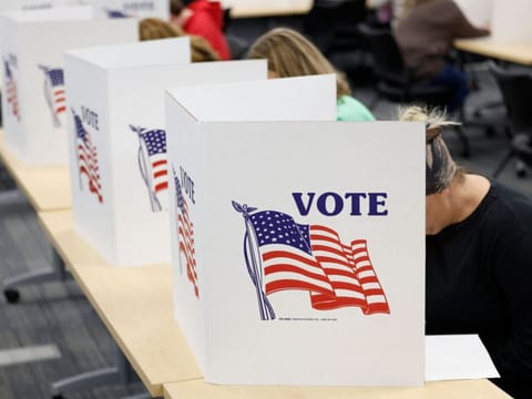 People cast their ballots on the last day of early voting for the general election in Michigan at the Livingston Educational Service Agency in Howell, Michigan on November 3, 2024. 
