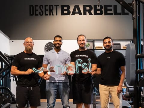 From left to right: Patrik Hedqvist, Head Coach and Co-founder of Desert Barbell; Tayeb Hassan, Co-founder and CEO of Nafsi; Marco Cipolat, General Manager and Co-founder of Desert Barbell; and Amaan Khullar, Co-founder and CTO of Nafsi 