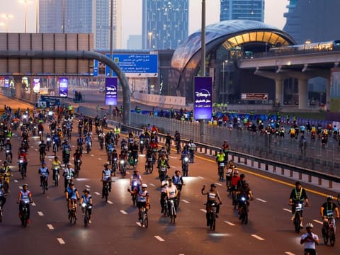 The iconic Sheikh Zayed Road closes to morning traffic and turns into a giant cycling track to promote community health during Dubai Ride in 2023 as part of Dubai Fitness Challenge.