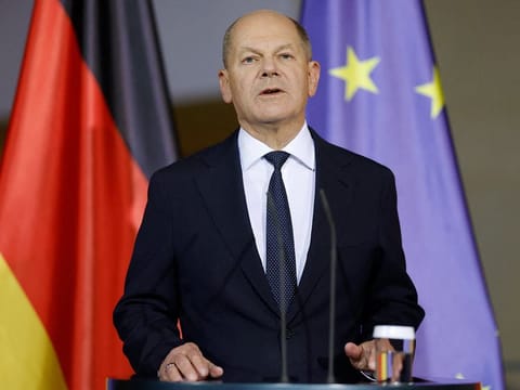 German Chancellor Olaf Scholz addresses a press conference at the Chancellery in Berlin after a coalition committe meeting on November 6, 2024. 