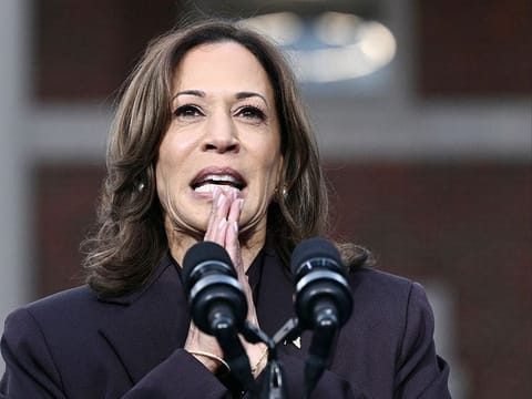 US Vice President Kamala Harris speaks on stage as she concedes the election, at Howard University on November 06, 2024 in Washington, DC. 