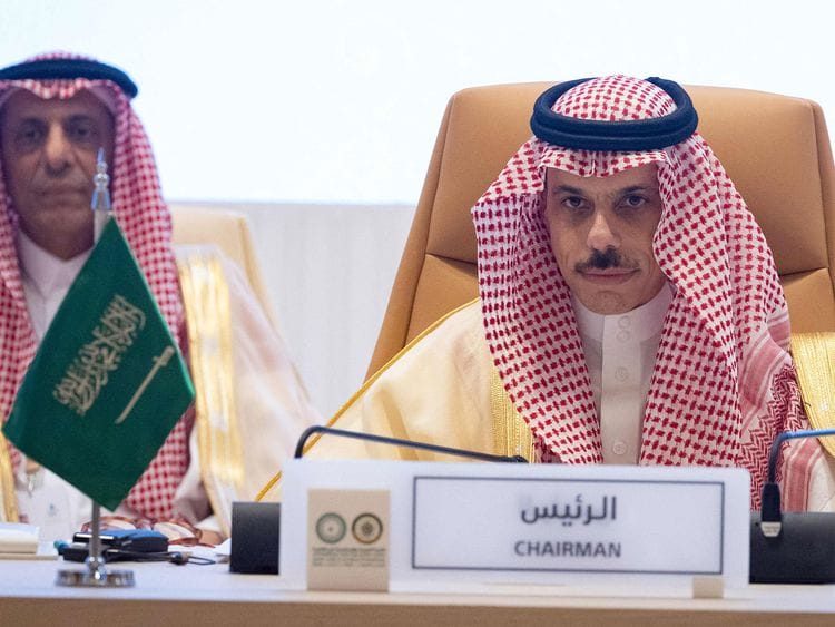 Saudi Minister of Foreign Afairs Faisal bin Farhan (right) chairing the Foreign Ministers Meeting of the Organisation of Islamic Cooperation and the Arab League, a day ahead of a joint extraordinary leaders summit in Riyadh.  