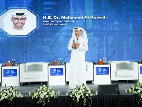 H.E. Dr. Mohamed Al-Kuwaiti, the Head of Cyber Security at the UAE Cybersecurity Council, delivering the keynote presentation 