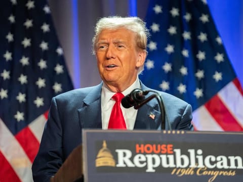 US President-elect Donald Trump speaks during a meeting with House Republicans at the Hyatt Regency hotel in Washington, DC on November 13, 2024.  
