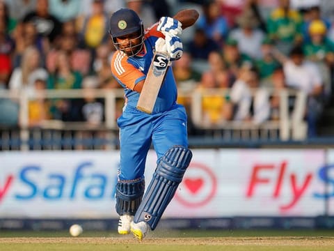 India's Sanju Samson watches the ball after playing a shot during the fourth T20 international cricket match between South Africa and India at Wanderers stadium in Johannesburg on November 15, 2024. 