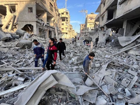 A building hit in an overnight Israeli strike in Beit Lahya in the northern Gaza Strip on November 17, 2024.  