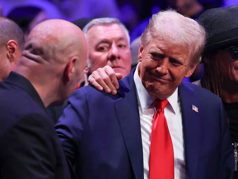 President-elect Donald Trump talks with Joe Rogan during the UFC 309 event at Madison Square Garden on November 16, 2024 in New York City.   