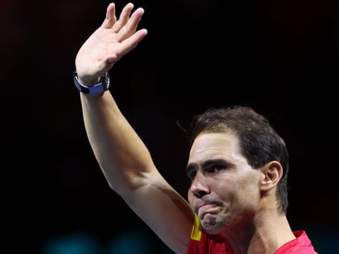 Spain's Rafael Nadal cries as he waves during a tribute to his career at the end of the quarter-final against the Netherlands in the Davis Cup Finals in Malaga on Tuesday.