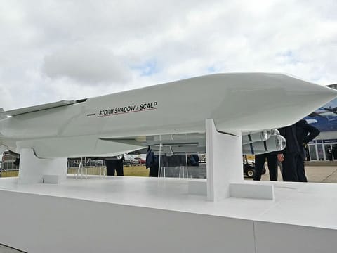 File photo: A Storm Shadow/SCALP long-range air-launched cruise missile is displayed at European missile maker MBDA's display stand, on the opening day of the Farnborough International Airshow 2024, south west of London, on July 22, 2024. 