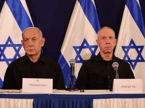 Netanyahu (left) and Gallant at a press conference in the Kirya military base in Tel Aviv on October 28, 2023.