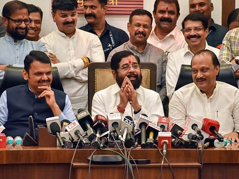 Mumbai, Nov 23 (ANI): Maharashtra Chief Minister Eknath Shinde with Deputy CMs Ajit Pawar and Devendra Fadnavis address a press conference as the Mahayuti is set to form the government in the state, at Varsha Bungalow in Mumbai on Saturday. (ANI Photo)