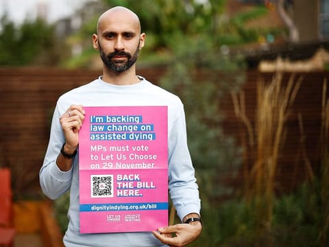 Anil Douglas, a campaigner in support of the assisted dying bill whose father suffered from multiple sclerosis and committed suicide, poses for a portrait in London.  