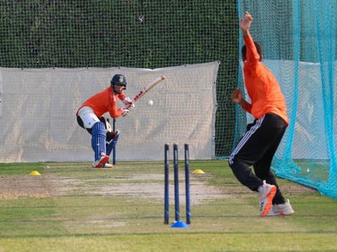 Vaibhav Suryavanshi in action during a practice session of the India's under-19 team in Dubai 