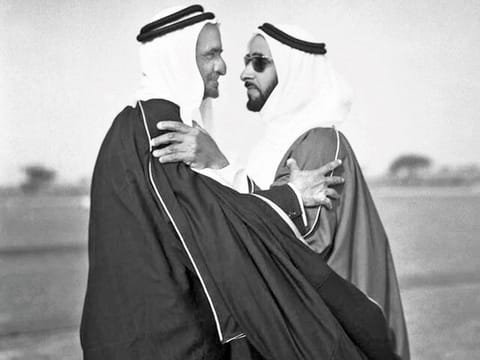 Iconic photograph of the father of the nation Sheikh Zayed bin Sultan Al Nahyan (right) and Sheikh Rashid Bin Saeed Al Maktoum.