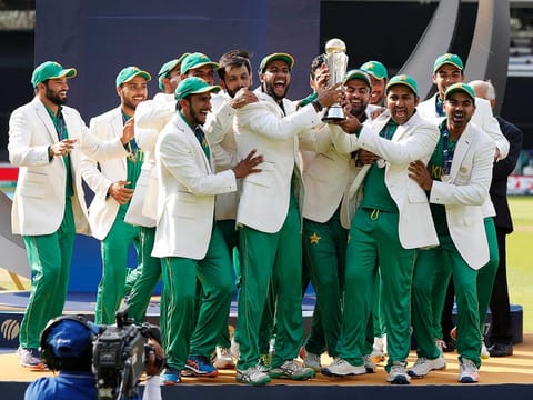 Pakistan players celebrate after winning the ICC Champions Trophy final cricket against India at The Oval in London on June 18, 2017. 