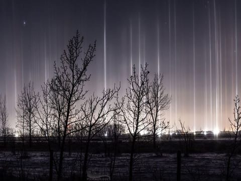 Light pillars seen in Lacombe, Alberta on November 26, 2024. 
