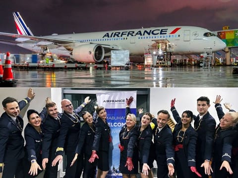 The crew (below) of Air France's maiden direct Paris-Manila flight, an Airbus A350-900 aircraft (above) at the Ninoy Aquino International Airport on December 8, marking the airline's first direct flight from France and the Philippines in 20 years. Air France will  operate three direct flights a week to Manila, on Mondays, Wednesdays, and Saturdays.