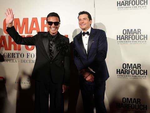 Omar Harfouch along with Hollywood star and UNICEF Ambassador Orlando Bloom at the Concerto for Peace in Dubai.
