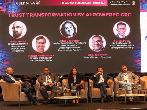 Ankit Satsangi, Director of Enterprise Development at BEEAH Group, Astrid Gobardhan, Head of International Privacy and Data Protection at Dubai Department of Economy and Tourism; Shanaka Perera, Senior Manager - IT at Ras Al Khaimah Tourism Development Authority; Prabhat Kumar Pathak, Director of IT Security at Gulf Marketing Group; and Dhiraj Sasidharan, Head of Security Assurance at a leading financial institution during a panel discussion at Gulf News' Cybersecurity Forum