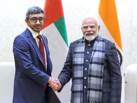 Sheikh Abdullah bin Zayed Al Nahyan, UAE’s Deputy Prime Minister and Minister of Foreign Affairs, meets on with Narendra Modi, Prime Minister of India, in New Delhi, on Thrusday, December 12, 2024. 