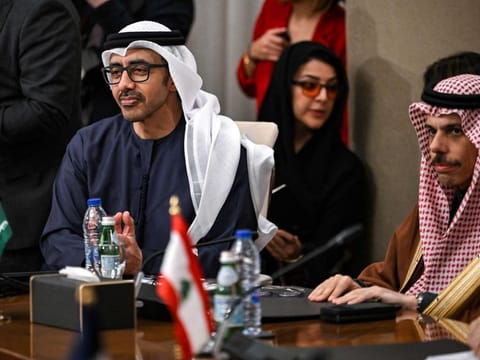 Sheikh Abdullah bin Zayed Al Nahyan, UAE's Deputy Prime Minister and Minister of Foreign Affairs, and Saudi Arabia's Foreign Minister Prince Faisal bin Farhan Al Saud attend a meeting with the foreign ministers of the Arab Contact Group on Syria in Jordan's southern Red Sea coastal city of Aqaba on December 14, 2024.  