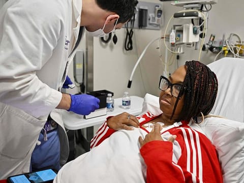 Towana Looney, 53, who received a gene-edited pig kidney undergoes medical testing with Dr. Jeffrey Stern, MD at NYU Langone Health on December 11, 2024 in New York. 
