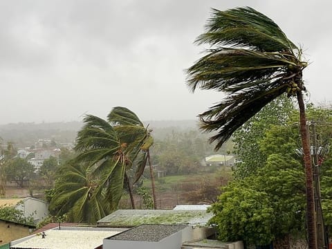 This handout picture taken and distributed by UNICEF on December 17, 2024 shows Cyclone Chido making its landfall near Pemba in northern Mozambique.  