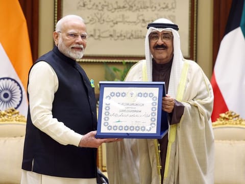 Emir of Kuwait Sheikh Meshal Al Ahmad Al Jaber Al Sabah honours Indian Prime Minister Narendra Modi with Kuwait's highest award ‘The Order of Mubarak Al Kabeer’ in a ceremony, on Sunday.  