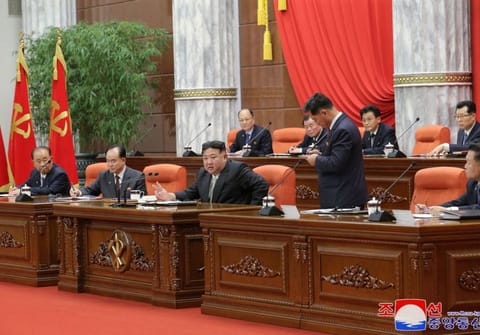 North Korean leader Kim Jong Un (centre left) taking part in the 9th Plenary Session of the 8th Central Committee of the Workers' Party of Korea (WPK) at the Party's Central Committee headquarters building in Pyongyang.  