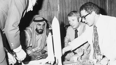 Shaikh Zayed Bin Sultan Al Nahyan, founding father of the UAE, listens as Nasa scientist Farouk El Baz explains the mechanism of space shuttle using a scale model during the latter’s visit to the UAE in 1976 