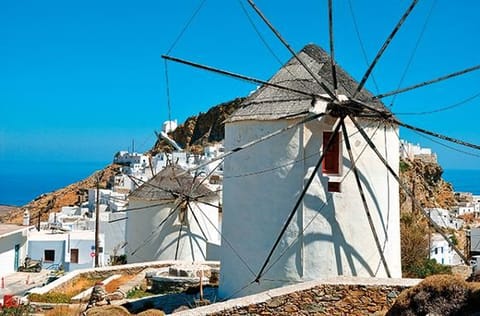 Charming windmills add to Serifos’ main town Chora’s laidback vibe. 