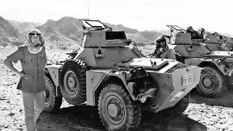 David on a training exercise in Ras Al Khaimah in 1970, with Ferret armoured cars. With him is signals officer Capt Abdullah, who was on loan from Saudi Arabia 