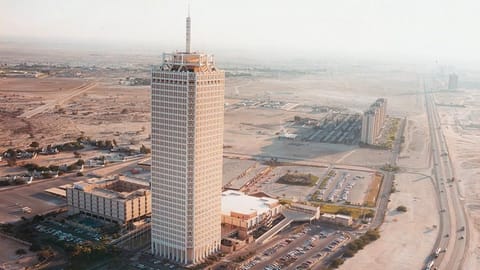 The Dubai World Trade Centre, pictured here in 1981. It was Shaikh Rashid himself who insisted on the tower's present location 