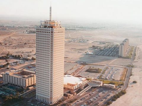 The Dubai World Trade Centre, pictured here in 1981. It was Shaikh Rashid himself who insisted on the tower's present location 